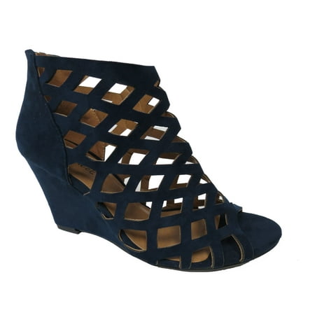Image of BONNIBEL TRINA-2 Womens Cut Out Back Zip Wedge Sandals Navy 9