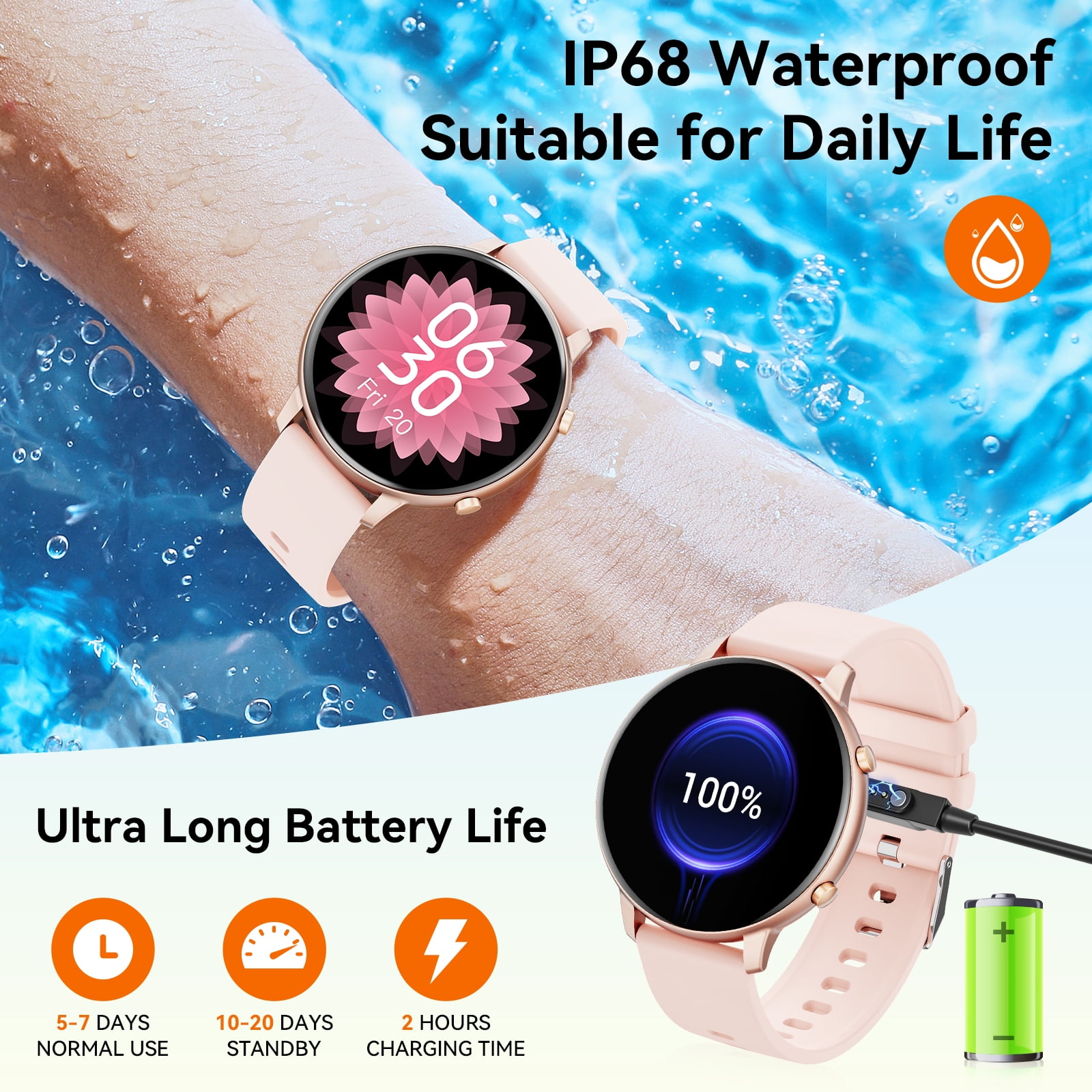 Mingdaln Women Smart Watch 45MM, with Answer Make Call/IP68 waterproof/10 days standby, with Fitness Tracker,fits for Android iPhone Devices（Pink）