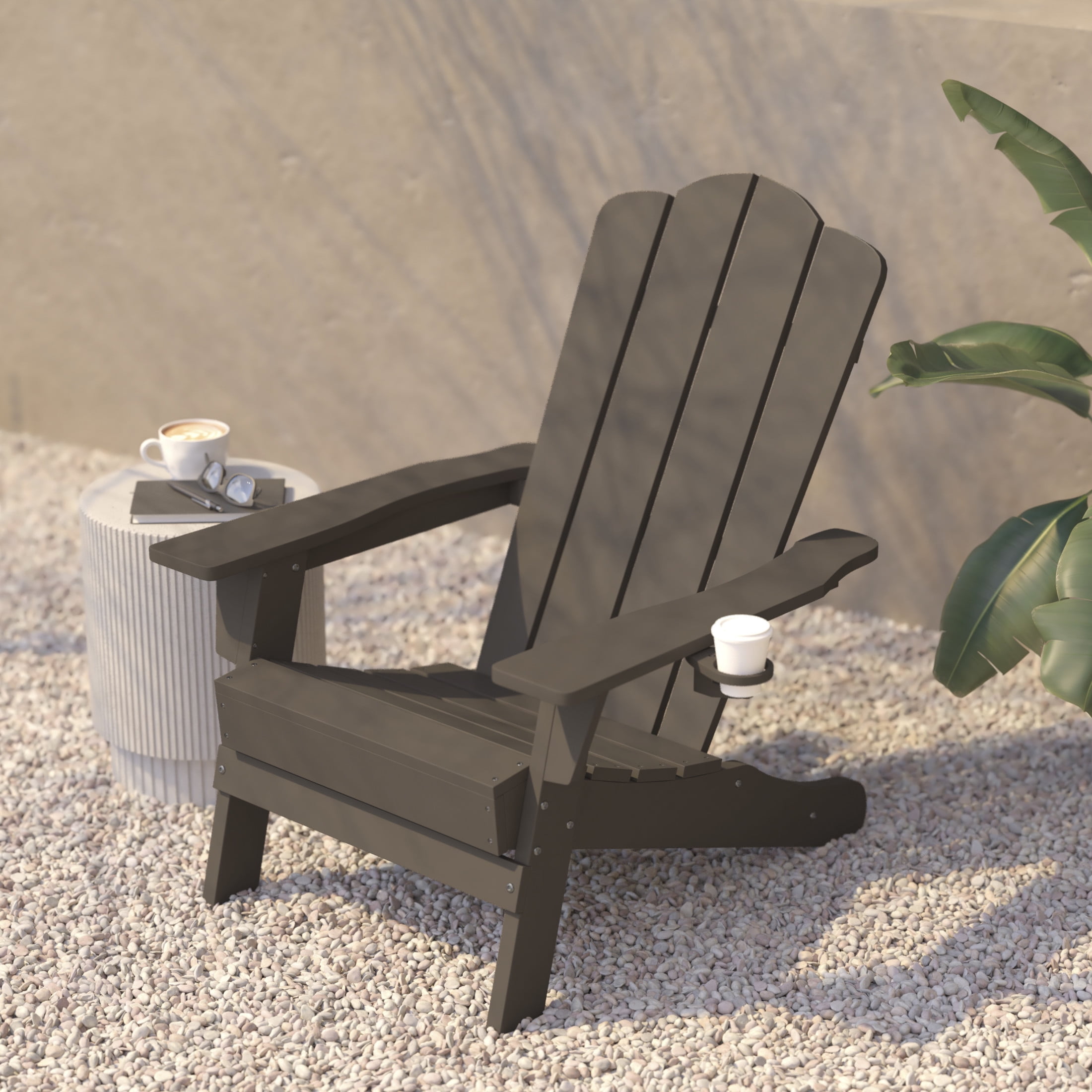 BizChair Adirondack Chair with Cup Holder, Weather Resistant HDPE Adirondack Chair in Brown, Set of 2