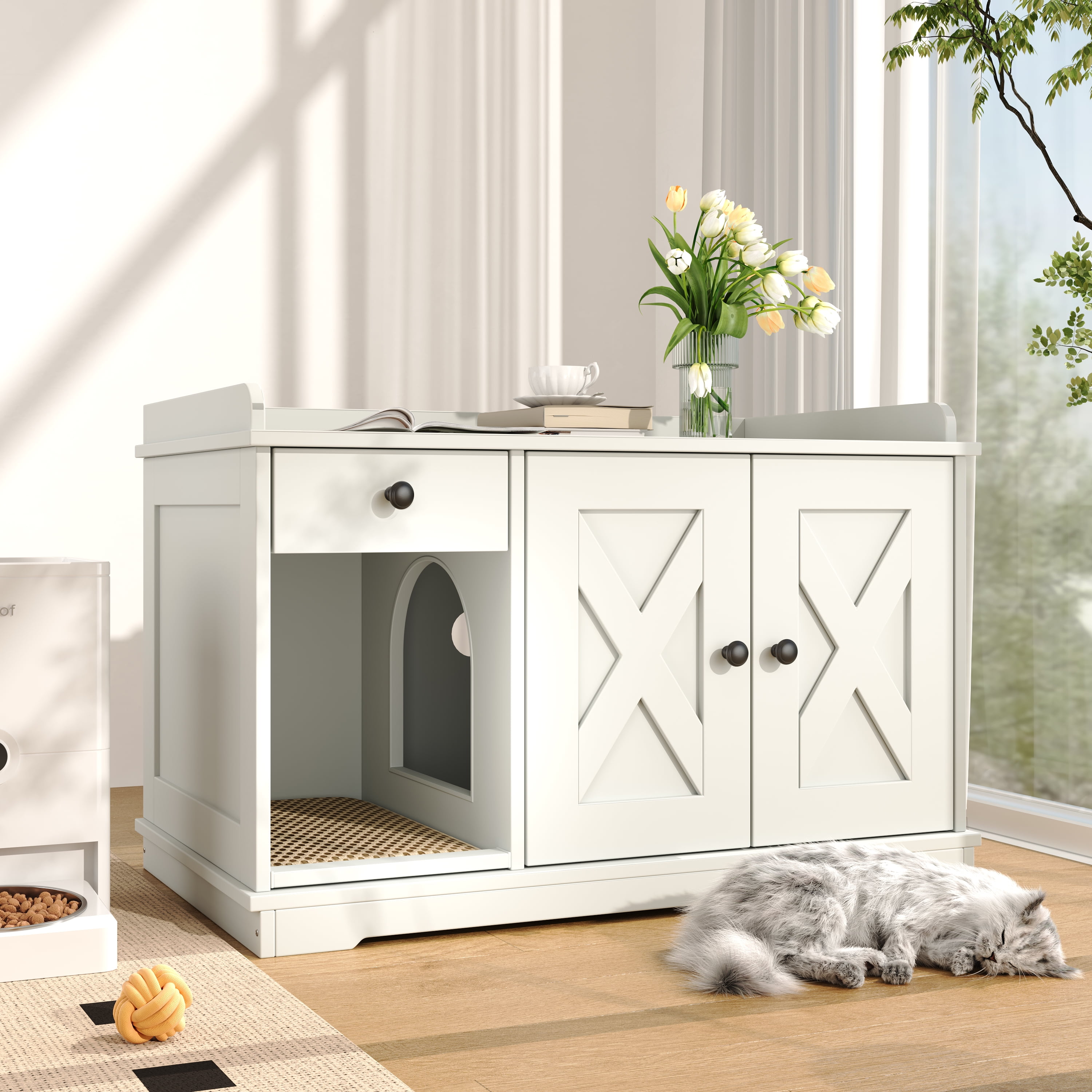 Euroco All-in-One Cat Litter Box Furniture with Drawer, Hidden Litter Box Enclosure, Winding Entrance, Storage Shelf, and Built-In Litter Mat