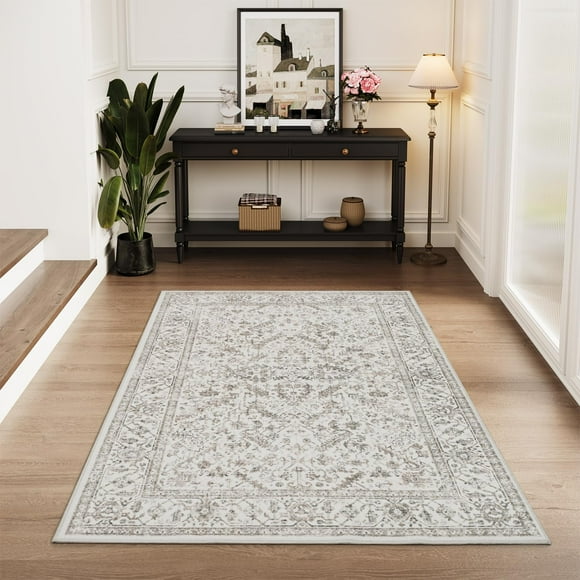Area Rug for Living Room 3x5 Door Mat Indoor-Entryway Machine Washable Vintage Traditional Rugs for Bedroom Dining Room Office Rug Non Slip Retro Grey