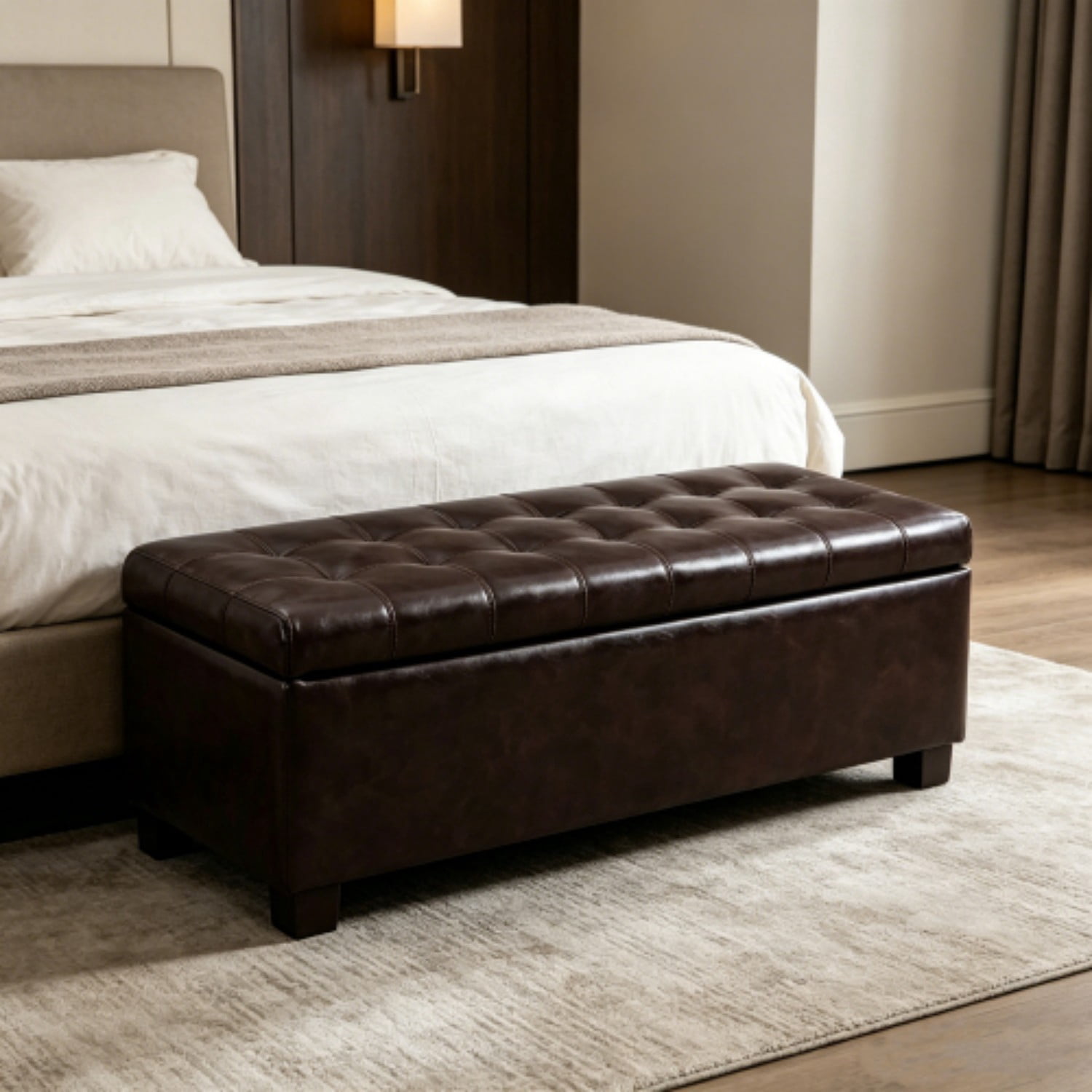 49.75" Storage Ottoman Bench, Tufted Entryway Bench with Safety Hinge, Wooden Legs Faux Leather Storage Seat for Bedroom Living Room, Brown