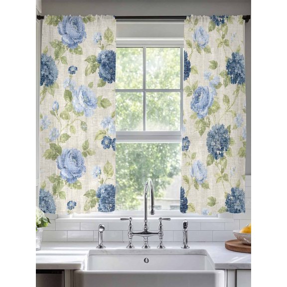 Blue Flower Leaves Seamless Chiffon Sheer Curtains 72 Inches Long Retro Floral Vine Rod Pocket Window Curtains Voile Drapes Curtains for Living Room Bedroom,2 Panels
