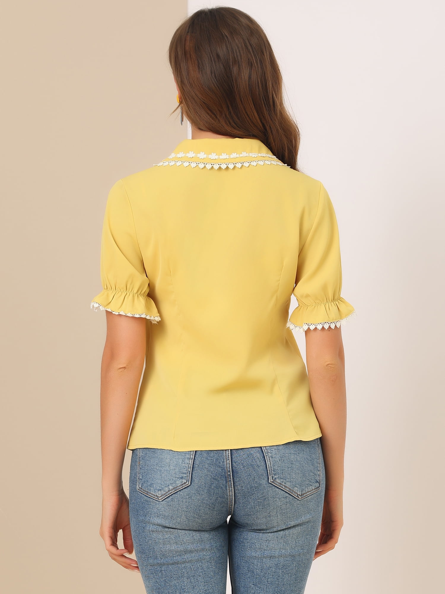Unique Bargains Women's Sweet Peter Pan Contrast Collar Short Sleeves Blouse Yellow S