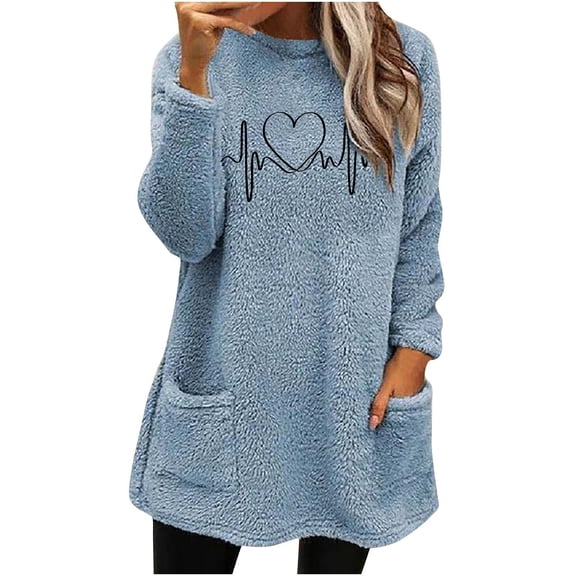 Odeerbi Women's Sherpa Pullover Oversized Fuzzy Fleece Sweatshirt with Pocket Winter Warm Loose Solid Round Neck 2025 Long Sleeve Tops Blue