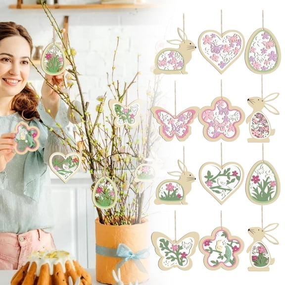 CoreLiving Set of 6 Wooden Easter Ornaments to Paint, DIY Blank Unfinished Cutouts Egg Bunny Rabbit Butterfly Flower Hen for Spring Craft Hanging Decor