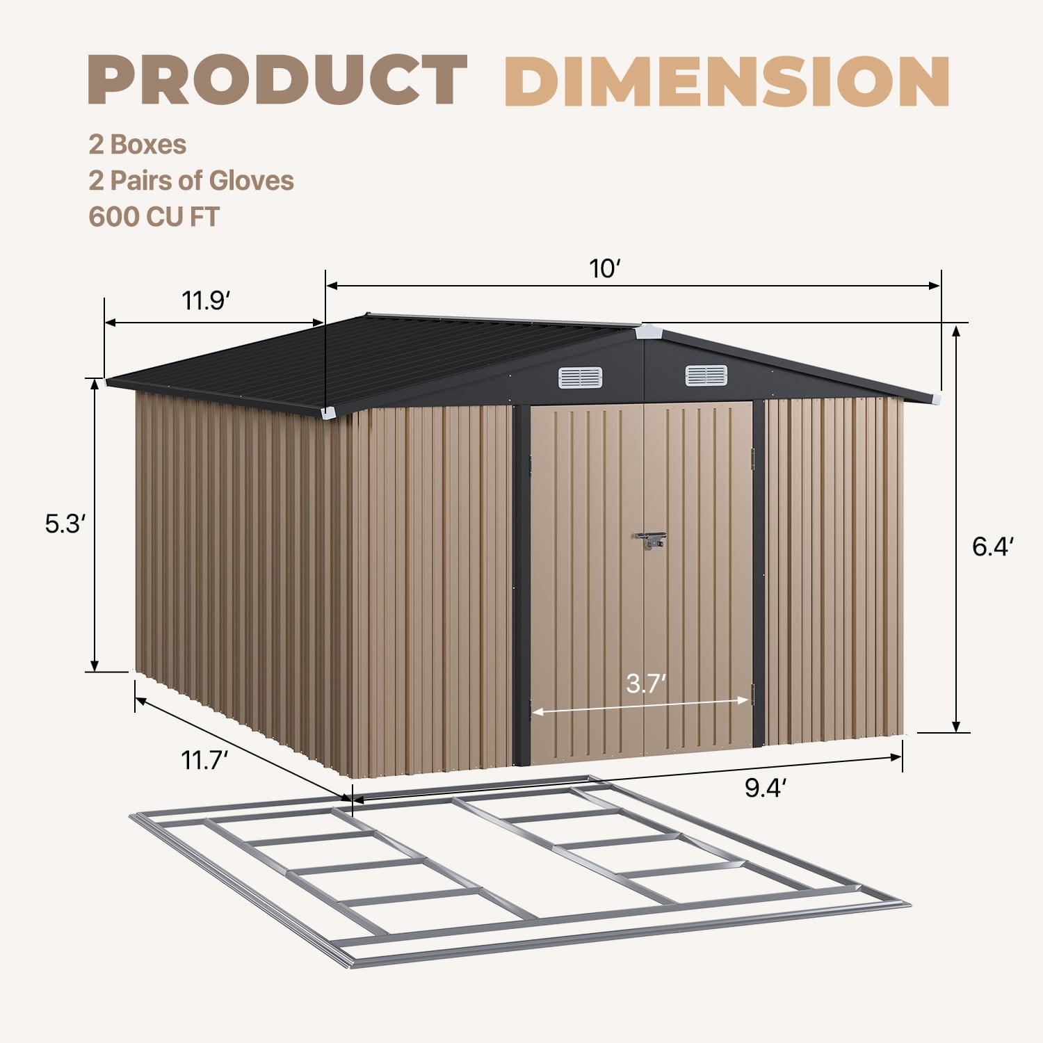 BaPiPro 10x12FT Outdoor Metal Storage Shed with Base Frame Kit & Lockable Doors, Heavy Duty Garden Tool Shed Bicycle Shed, Black