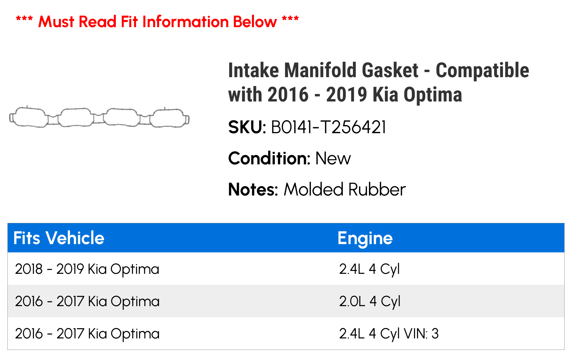 Intake Manifold Gasket - Compatible with 2016 - 2019 Kia Optima 2017 2018