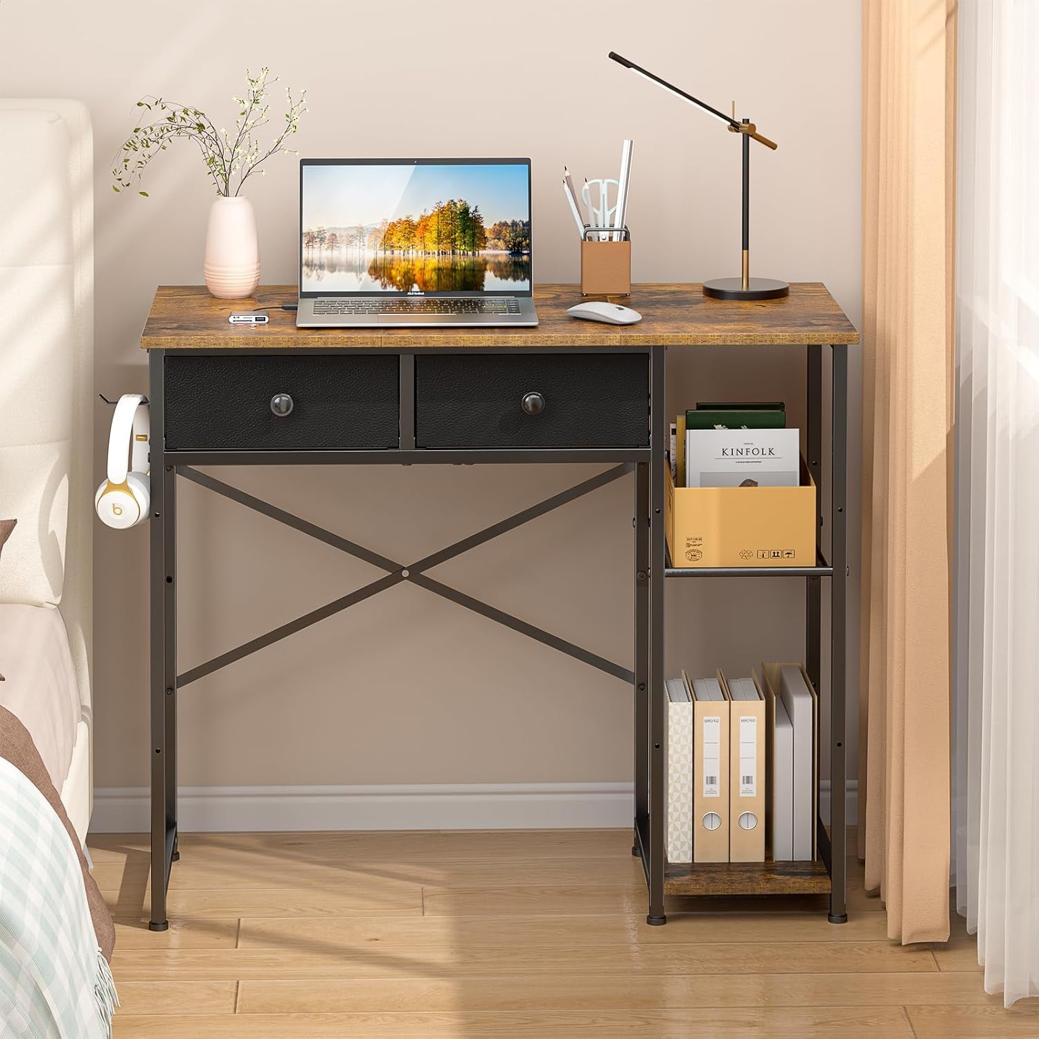 Small Computer Desk, 36 Inch Writing Desk with Drawers & Storage Shelves, Home Office Writing Desk for Small Spaces, Bedroom, Living Room, Dorm, Rustic Brown