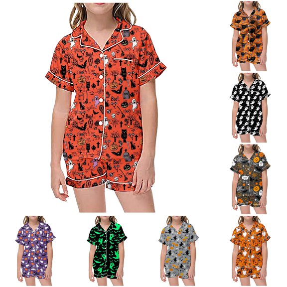 RUTAYY Girls Pajama Set Halloween Ghost Star Graphic Graphic Lapel Short Sleeve Top and Shorts Breathable Home Sleepwear Themed Gathering Night Suit for Kids Red