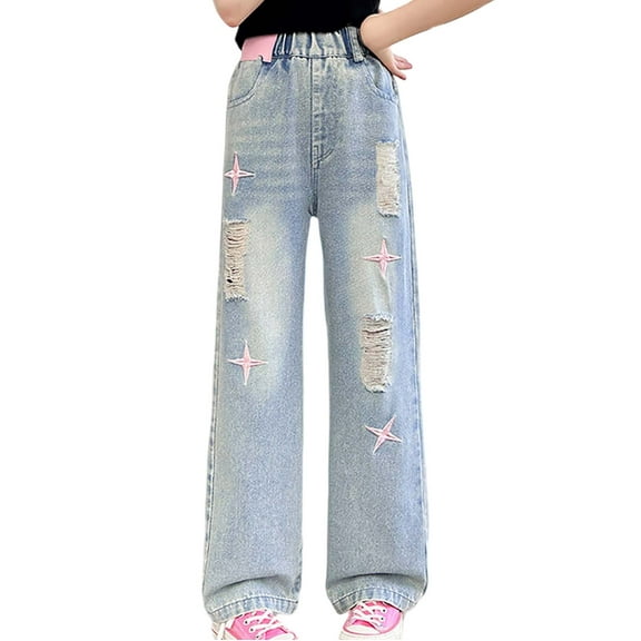 Shadoumai Back To School Girls Fashion Wide Leg Jeans Elastic Waist Ripped Denim Pants Casual Streetwear Teen Clothes 5-17 Years