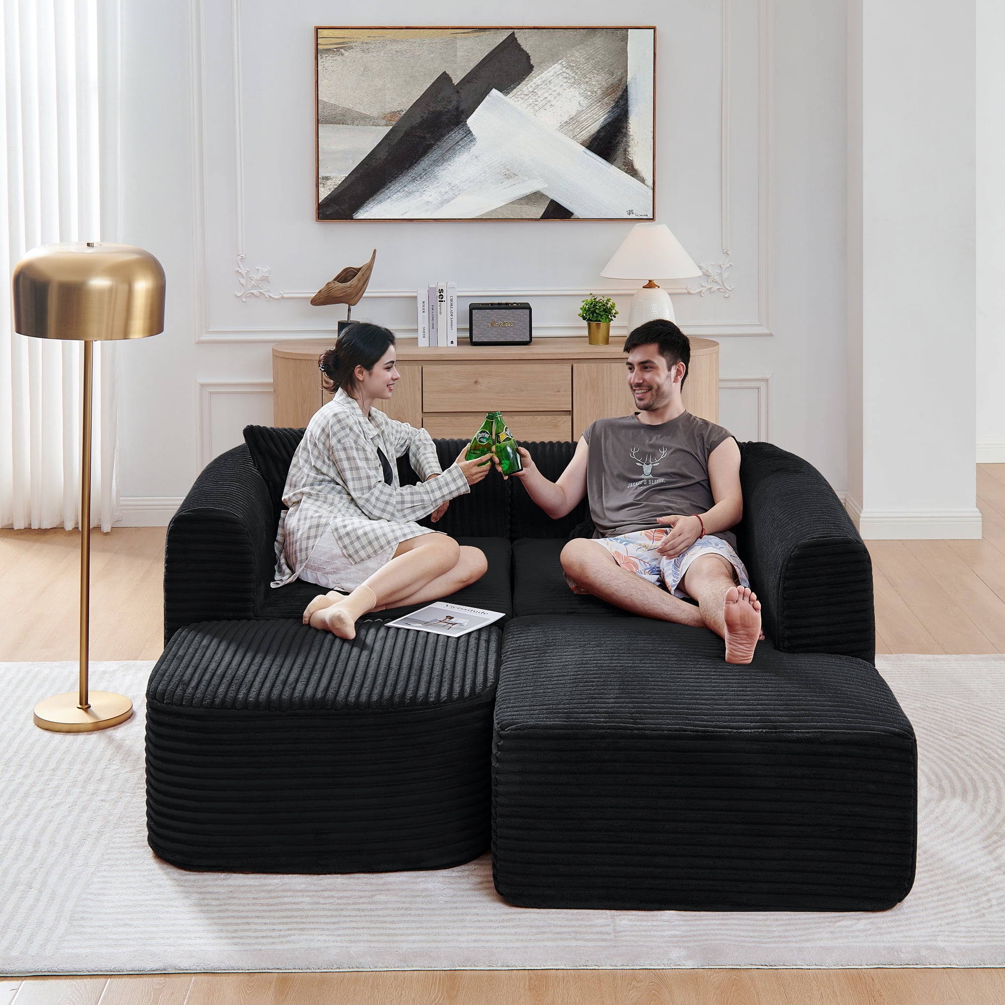 114" Cloud Sectional Sofa with L-Shape Chaise Lounge, Modular Design Includes a Movable Ottoman, Plush Corduroy Fabric, Arrives Fully Assembled for Instant Comfort, Black