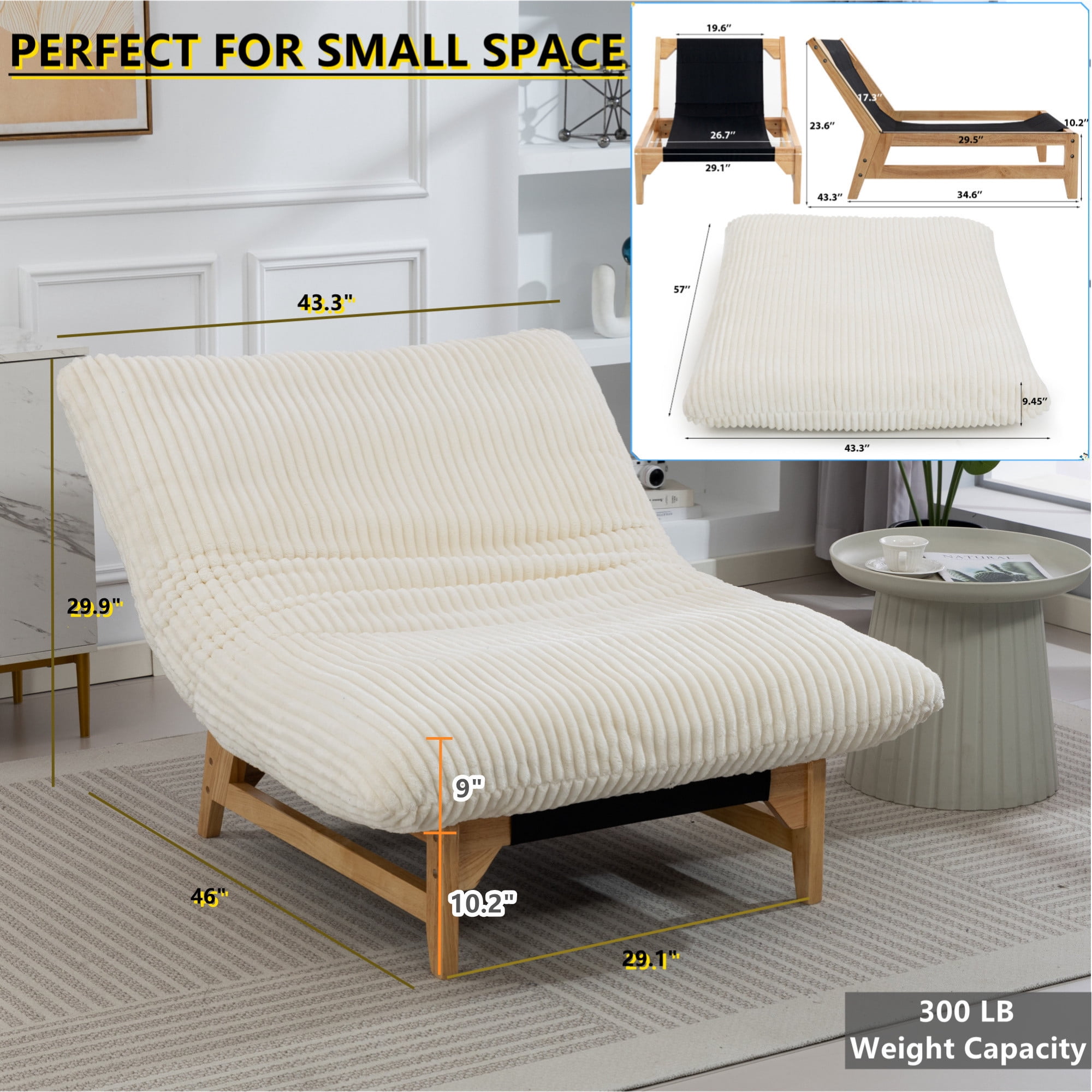Aukfa Oversized Chaise Lounge Indoor Chair for Living Room Bedroom, Wood Frame, Corduroy, Beige