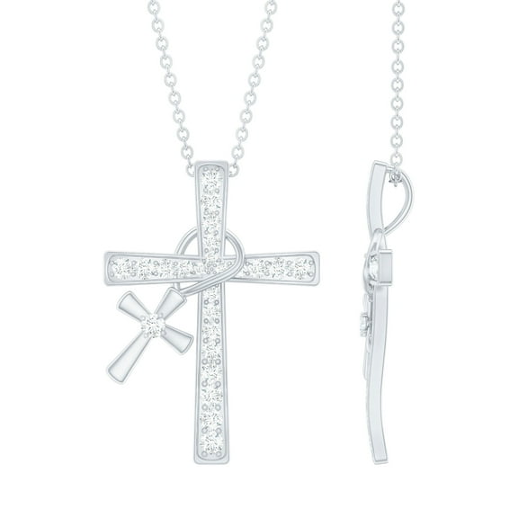 Rosec Jewels Lab Created Diamond Cross Necklace with Charm - Ef-Vs Quality Diamond Double Cross Pendant Chain - with Jewelry Box, 925 Sterling Silver