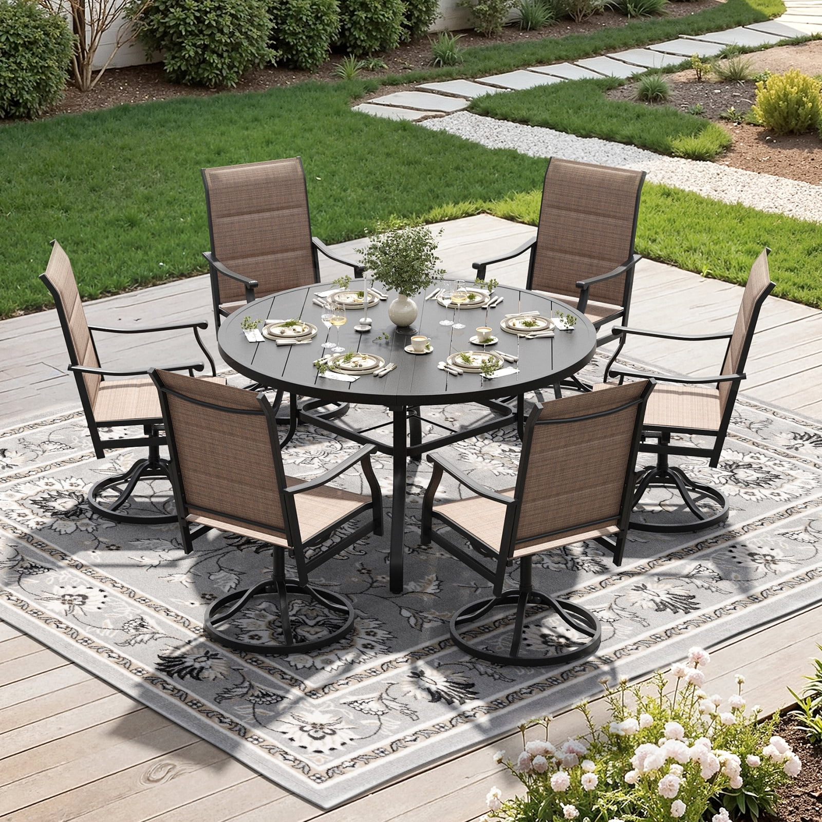 STARY 7 Pieces Outdoor Dining Set with 1.57" Umbrella Hole, Patio Swivel Dining Textilene Chairs and 47.2" Iron Round Table for 6 People, Poolside