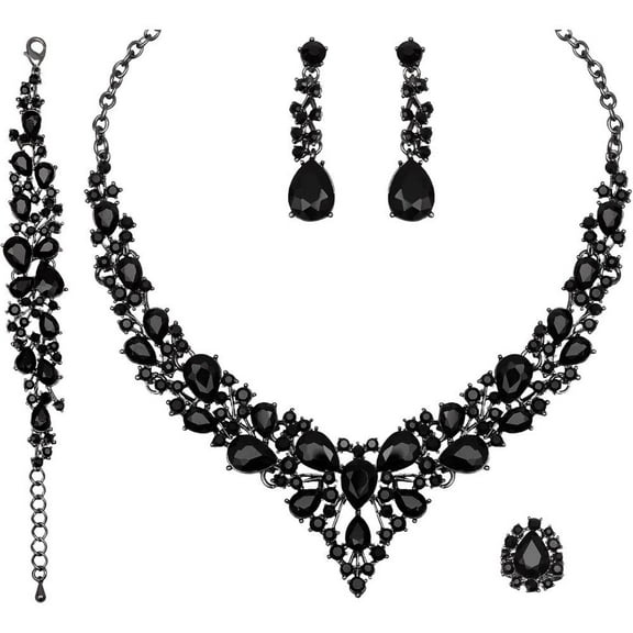 Elegant Black Crystal Necklace Earrings Bracelet Ring, Rhinestone Alloy unique Jewelry Set, Goddess Costume Accessories Suitable for Engagement, Prom, Wedding