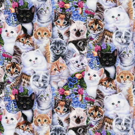 David Textiles Cotton Fabric Spring Kittens & Flowers 44 Inches