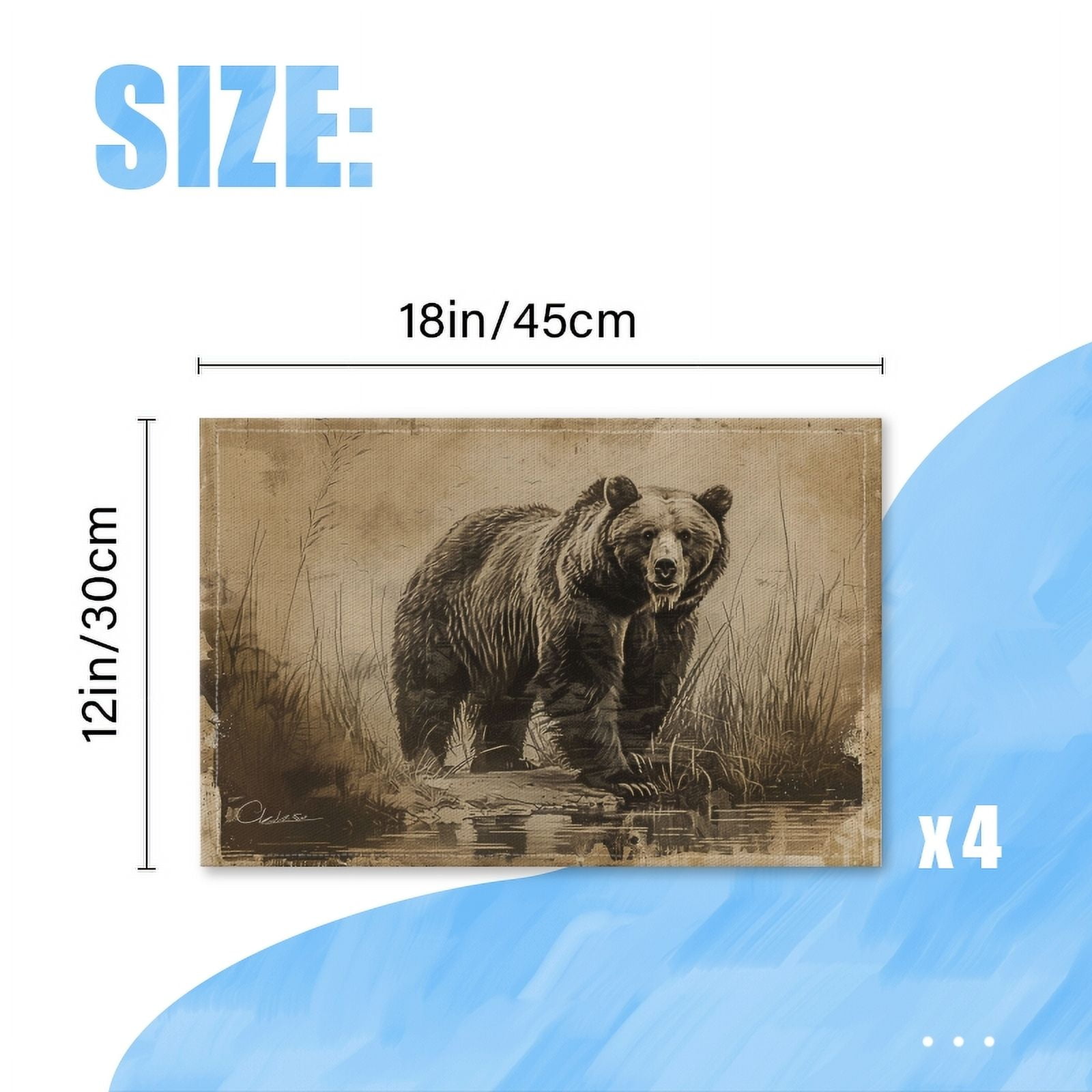 BaHomeck placemats Set of 4 Vintage Illustration Of Old Grizzly Bear Standing In The Water Cotton Linen rectangle Placemats for Kitchen Dining Table Indoor,Outdoor,18*12inch