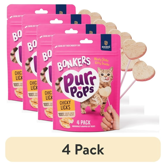 (4 pack) BONKERS Purrpops Freeze-Dried Chicken Flavored Lollipop Treats for Cats, 4 Pack