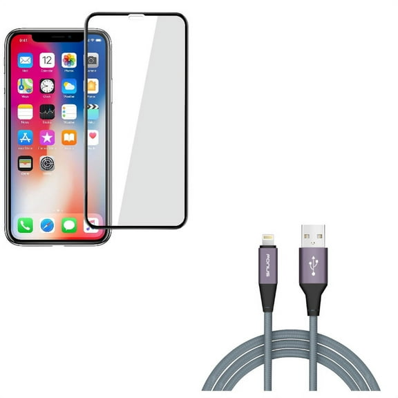 iPhone XS/X - Tempered Glass Screen Protector w Charger Cord 6ft USB Cable - 5D Touch Curved Edge Full Cover Bubble Free Case Friendly 9H Hardness, Power Wire Braided Long Sync Fast Charge