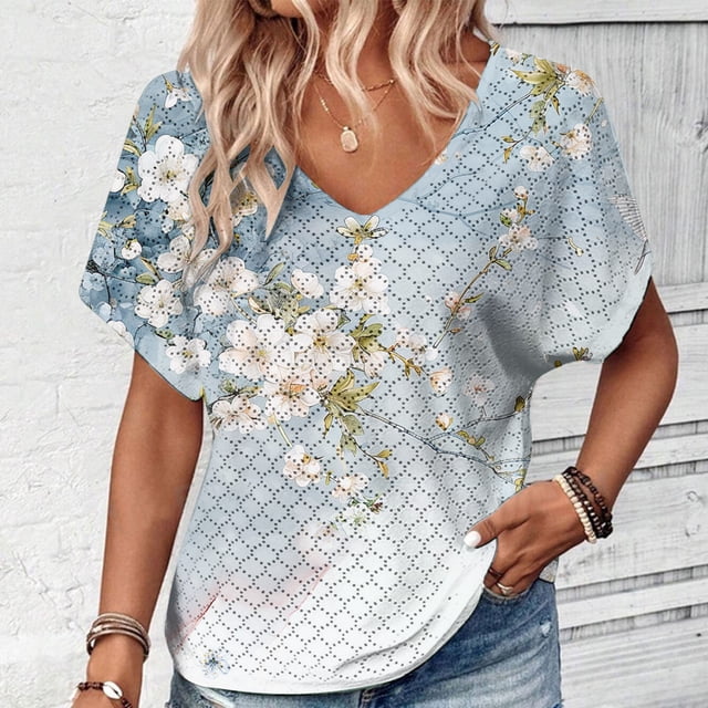 Xuyuer Womens T Shirt Casual Short Sleeve V-Neck Graphic T-Shirt Tops Tees Summer Dressy Casual Tops Pleated FrontVintage Shirt for Women Graphic Tee Casual Cottagecore Summer T Shirt