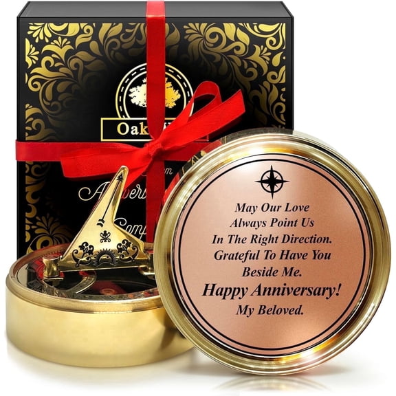 OakiWay Anniversary Brass Sundial Compass Gift for Him / Her - Engraved Love Quote, Polished Brass, Handmade Wood Case - Anniversary Gift for Husband & Wife