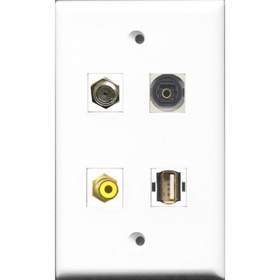 RiteAV 1 Port RCA Yellow and 1 Port Coax Cable TV- F-Type and 1 Port USB A-A and 1 Port Toslink Wall Plate