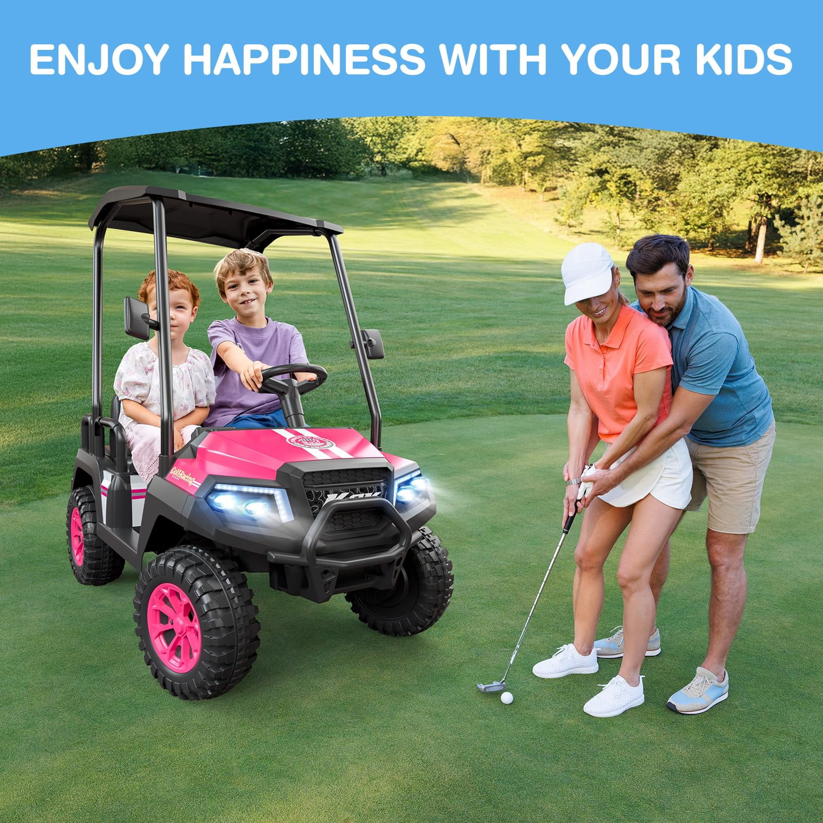 24V 4-Seater Kids Electric Golf Cart, 4WD Ride-On Car with Remote, Awning, Suspension & Music Features