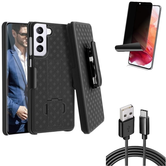 Case Belt Clip w 6ft USB Cable w Privacy Screen Protector for Samsung Galaxy S21 Plus - Holster Swivel, Type-C Charger Cord, TPU Film Fingerprint Works Accessory Bundle