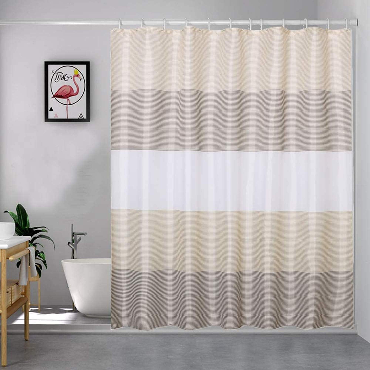 Bellaven Shower Curtains for Bathroom, Shower Curtain Gold Tan Taupe Brown Grey White Neutral Striped Waterproof Fabric with 12 Plastic Hooks, 72'x72'