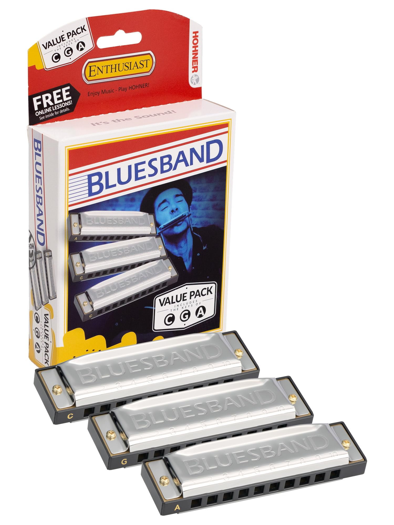 Hohner Blues Band Harmonica - Keys of G, C, A Bundle with Case, Pouch, Online Manual, and Austin Bazaar Polishing Cloth