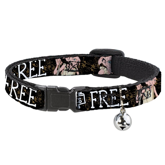 Harry Potter Breakaway Cat Collar With Bell, Plastic Clip, Easy Adjustable, Dobby Is Free 3 Dobby Poses Star Swirls Black Gold White, 8.5 to 12 Inches 0.5 Inch Wide