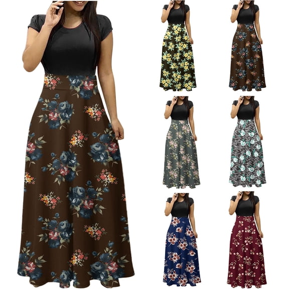 Zorckvet Womens with Pockets Maxi Dresses Dressy Solid Color Short Sleeve Fashion Pleated Dress for Women Crewneck