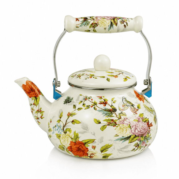 Lnshop Vintage Floral Bird Enamel Tea Kettle, 2.5L Stovetop Teapot with Porcelain Handle, Decorative Hot Water Kettle for Gas and Induction Cooktops, Cream Floral Kitchen Tea Pot