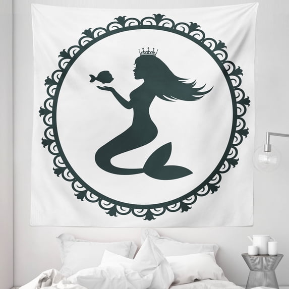 Mermaid Tapestry, Vintage Graphic Illustration of a Framed Cartoon Girl Crown and Fish, Fabric Wall Hanging Decor for Bedroom Living Room Dorm, 5 Sizes, Black White, by Ambesonne