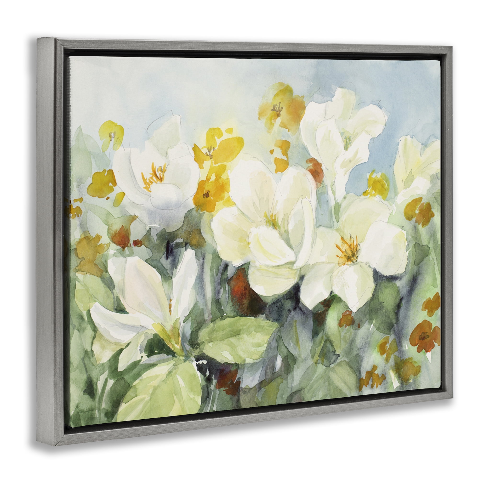 Stupell Industries Early Spring Meadow Botanical & Floral Painting Gray Floater Framed Art Print Wall Art, 21 x 17