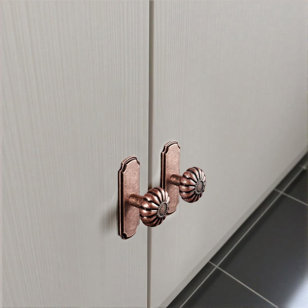 Set of 6 - Elegant Vintage Bloom Antique Brass Cabinet Knobs with Backplate, Drawer Pulls for Kitchen, Dresser Cabinet Hardware for Bedroom, 1-1/4 Inches Diameter Handles