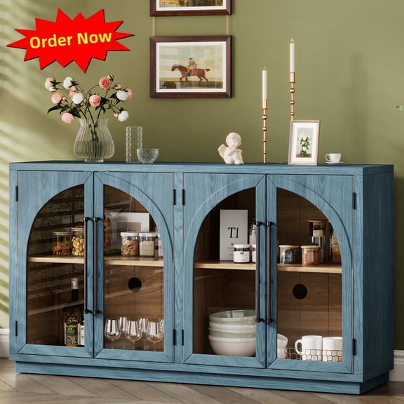 Tcbosik 60“ Buffet Cabinet with Storage, Sideboard Cabinet with 4 Glass Doors, Coffee Bar Cabinet with Adjustable Shelves for Kitchen, Dining Room, Living Room, Navy