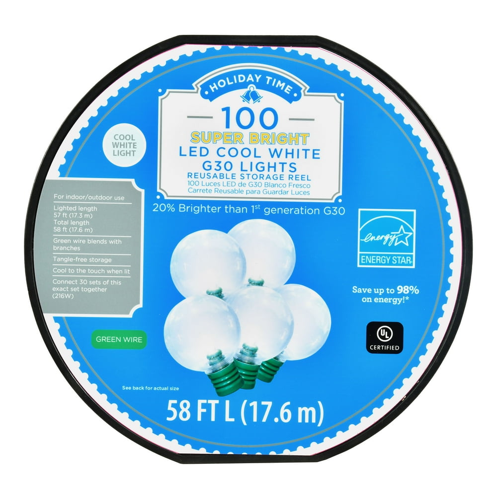 Holiday Time 57 ft, 100 Count Cool White LED Super Bright G30 Christmas