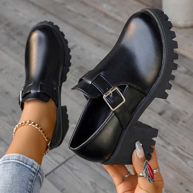 LSLJS High Heel Chaussures de Travail pour Femmes à Semelle Épaisse et Épaisse, Plateforme Imperméable, Bout Rond, Boucle de Ceinture, Talons pour Femmes