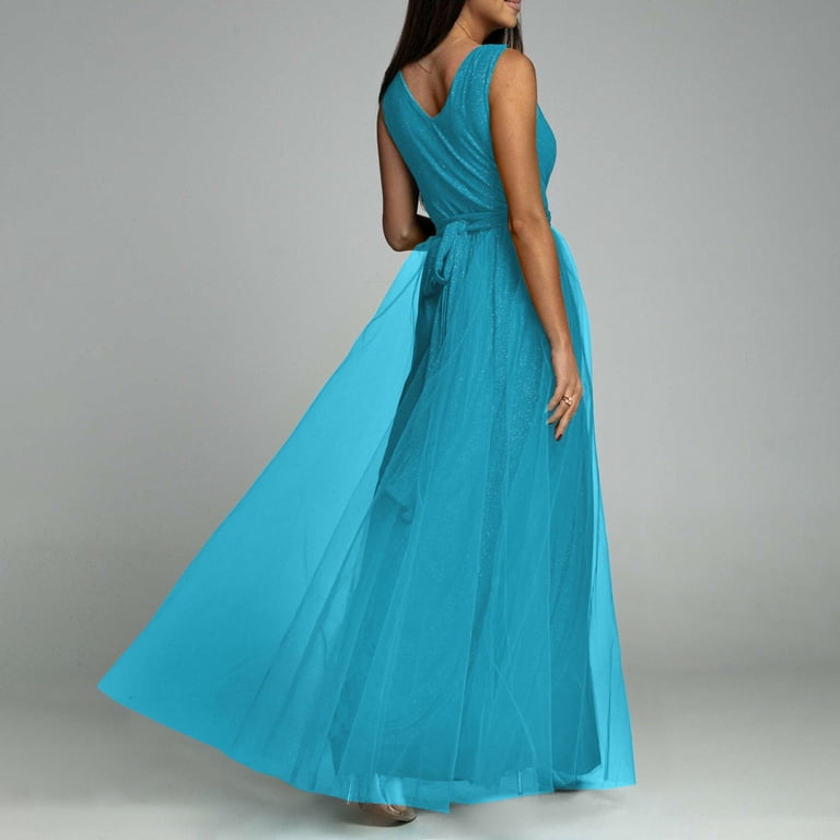 JGGSPWM Women's Sleeveless V Neck Maxi Dress High Slit Ruched Dresses Blue  M - Walmart.com