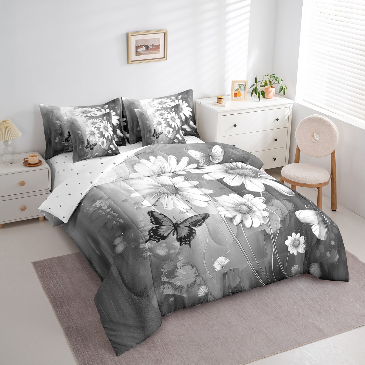 Homewish Rustic Flower Floral 7-Piece Bedding Comforter Set,Oil Painting Artistic King Bedding Sets,Gray White Bed Sheets For Gir Kids,Super Cozy Room Decor Reversible