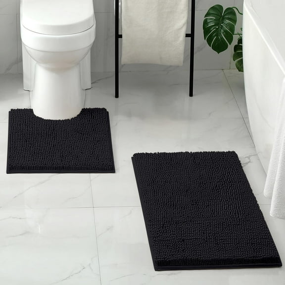 2 Pieces Bathroom Rugs, Ultra Soft Non Slip Absorbent Chenille Toilet Bath Mat Set (Black)
