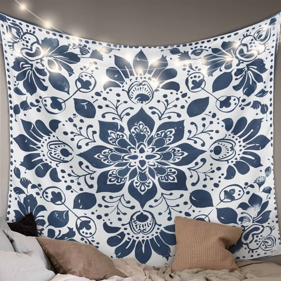 Blue Floral Large Tapestry for Bedroom Wall Hanging Tapestry, Ethnic Boho Botanical Geometric Art Ceiling Backdrop Tapestries Poster Blanket Wall Decor for Teens Room Living Room Dorm 85" x 90"