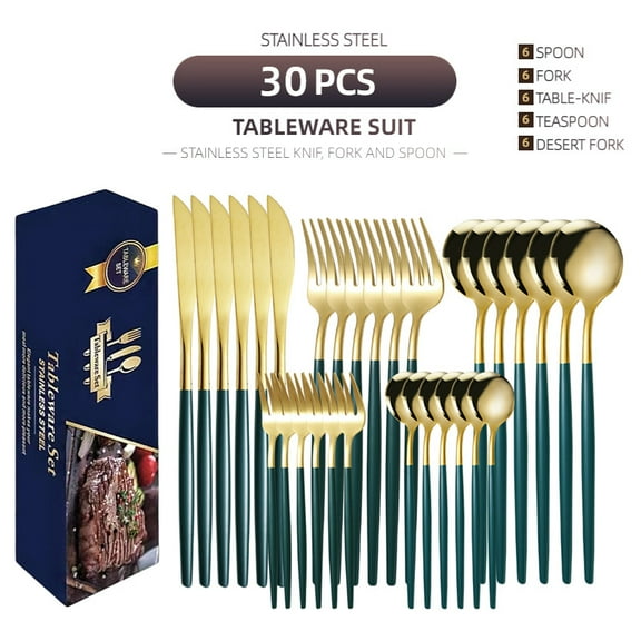 30-Piece Flatware Set, Stainless Steel Knife Fork Spoon Teaspoon Silverware Set, Service for 6, green Handle Gold