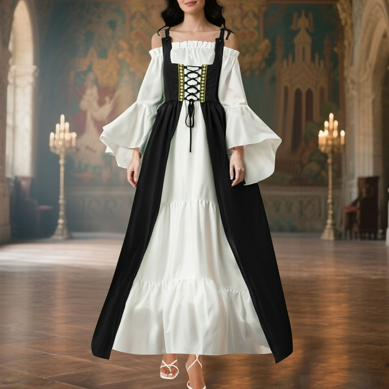 CGMDTZ Medieval Renaissance Dress for Women Long Sleeve Lace Up Overdress with Underdress Historical Cosplay Costume, Women's, Size: 3XL