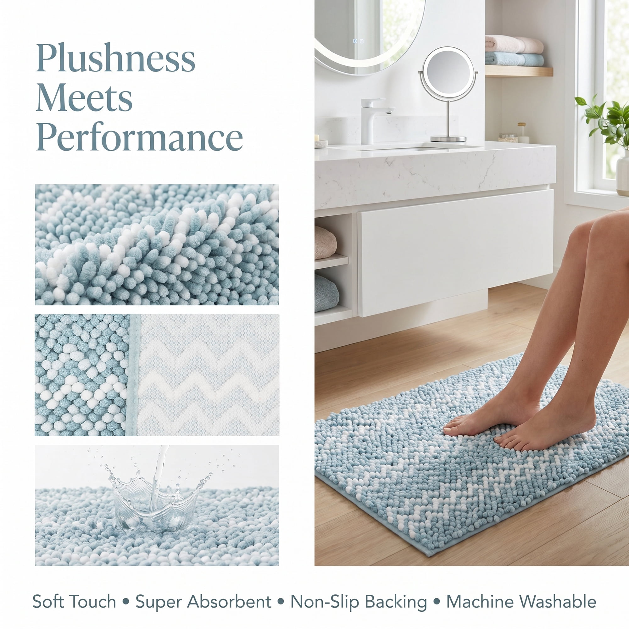 Unique Bargains Ultra Soft Non Slip Machine Washable Chenille Bath Mat Blue 24" x 16"
