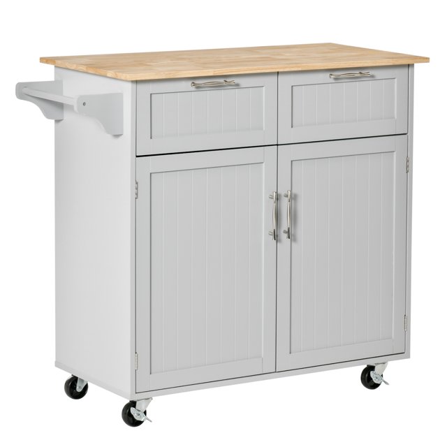 CoSoTower Rolling Kitchen Island, Kitchen Cart on Wheels with 2 Storage Drawers, 2 Door Cabinets and Towel Rack for Dining Room (Grey, 2-Doors)