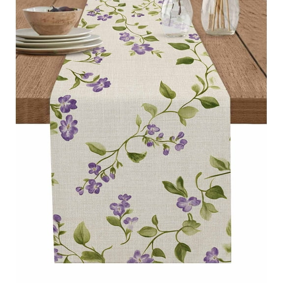 Table Runner Dresser Scarf 13 x 70 Inch Purple Flowers Spring Floral Green Leaf Vintage Linen Table Runners Non-Slip Heat Kitchen Dining Table Decor for Indoor Outdoor Home Party Decoration