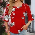 thumbnail image 5 of HOMBOM Women Tops Half Sleeve Crew Neck Red Pullover 2025 Ruffle Sleeve Floral Front Pleated Blouse, 5 of 7